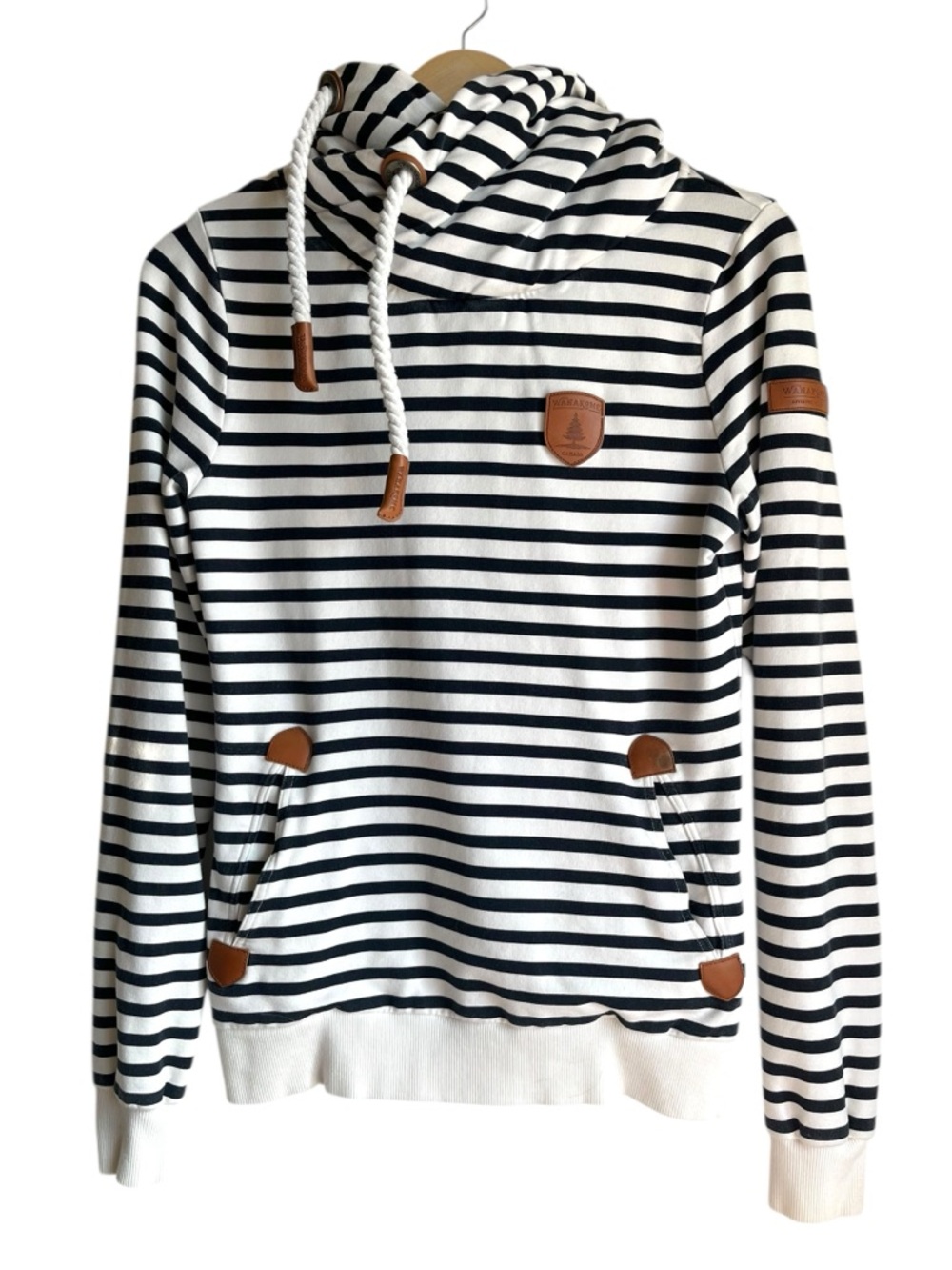 Wanakome Navy Ivory Stripe Cowl Neck Hoodie XS Terry Pullover - Picture 2 of 15